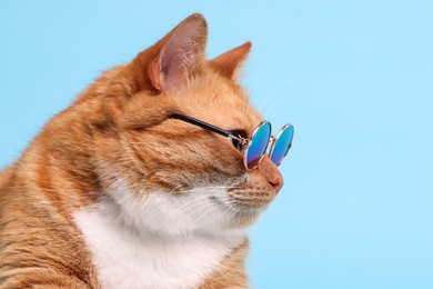 Portrait of cute ginger cat in stylish sunglasses on light blue background, closeup