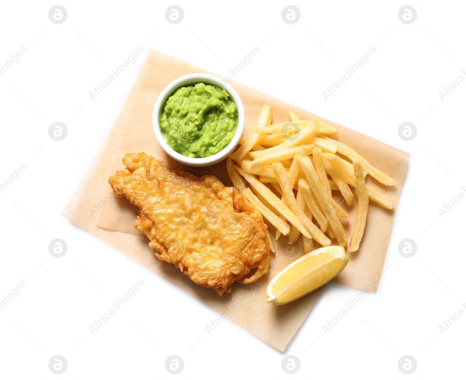 Photo of British Traditional Fish and potato chips on white background, top view