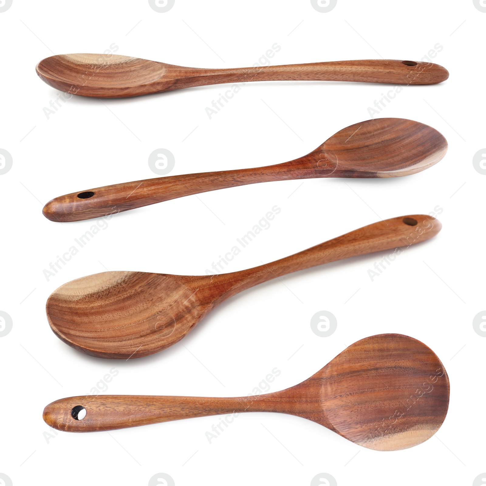 Image of Wooden spoons on white background, collage. Cooking utensil