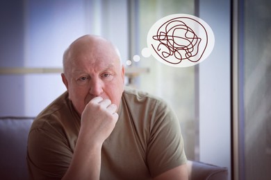 Image of Senior man suffering from dementia at home. Illustration of thought bubble with messy scribble