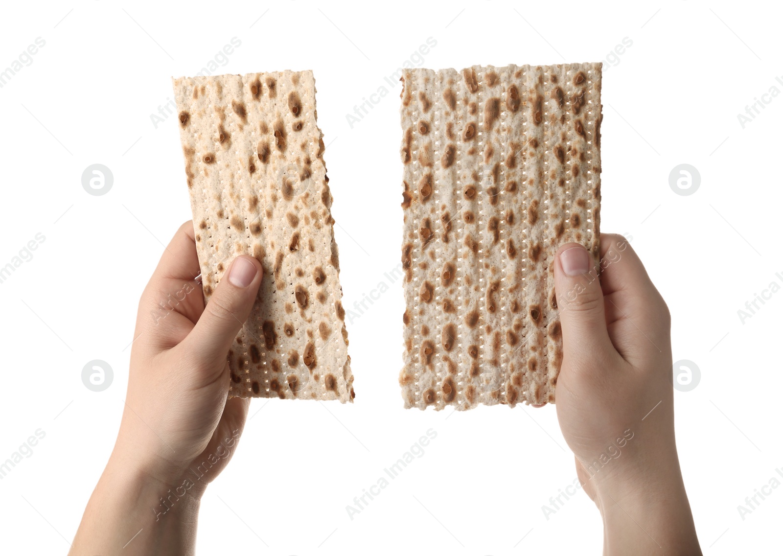 Photo of Woman with passover matzo on white background, closeup