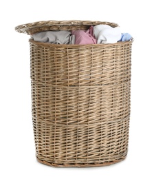 Wicker laundry basket full of dirty clothes on white background