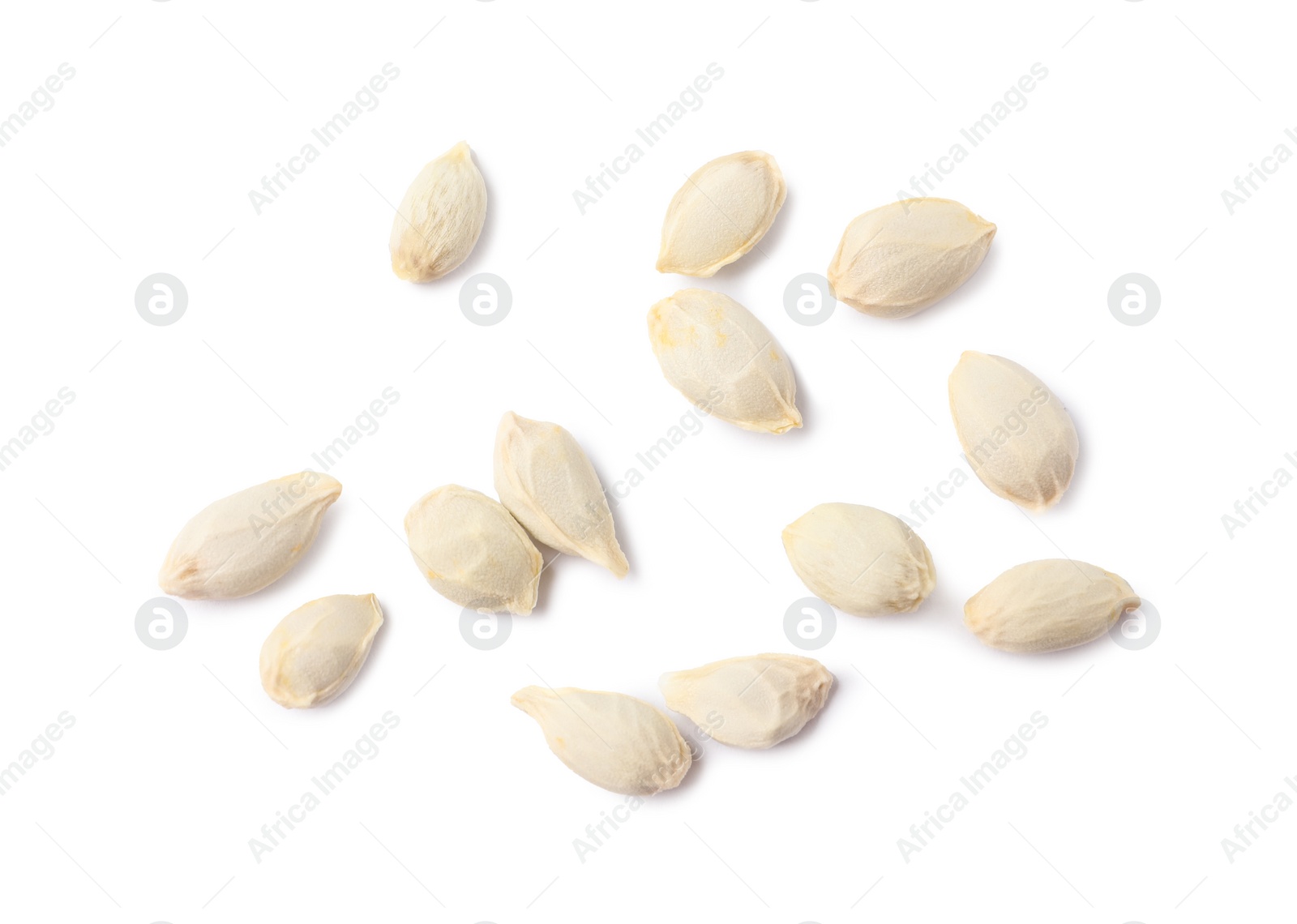 Photo of Many seeds of tangerine isolated on white, top view