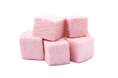 Photo of Pile of delicious sweet marshmallows on white background