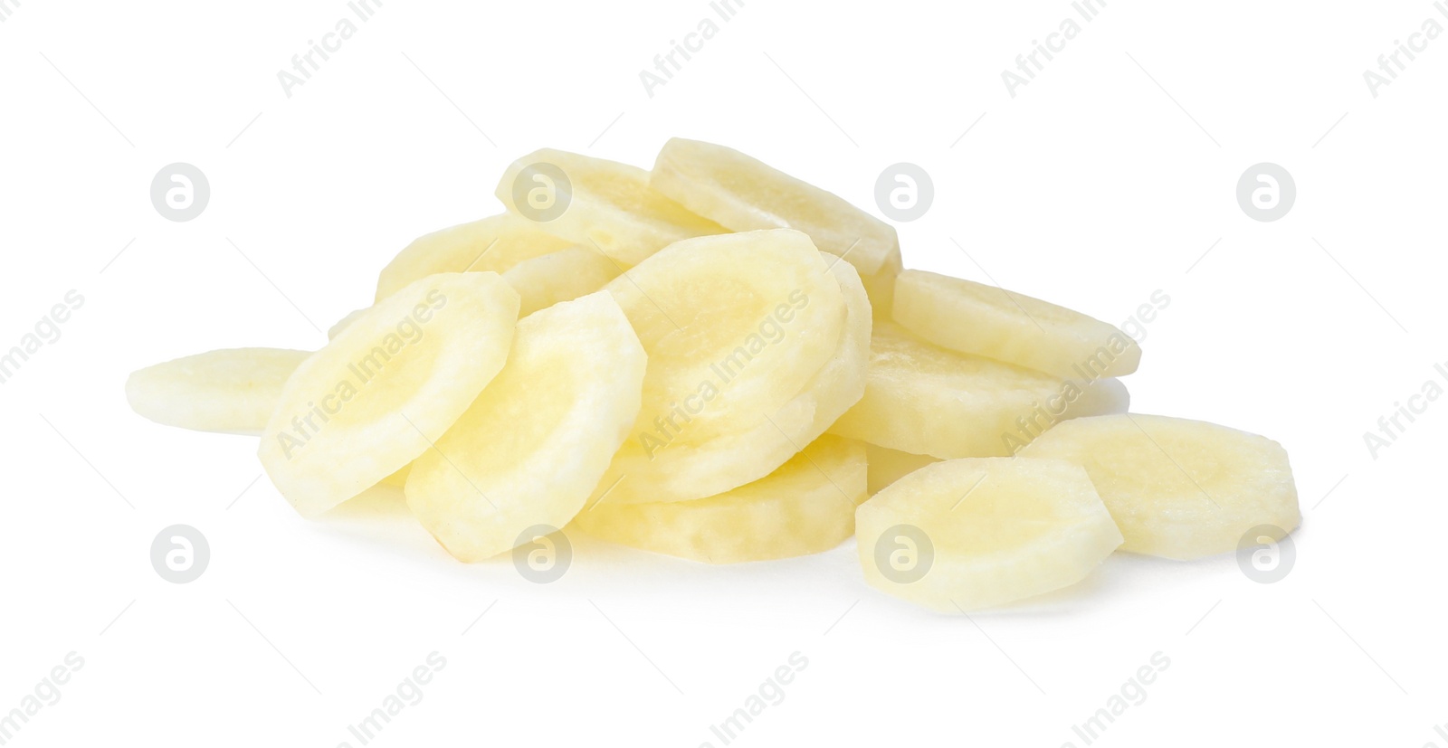 Photo of Pieces of raw carrot isolated on white