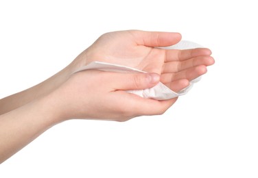 Woman wiping hands with paper towel on white background, closeup