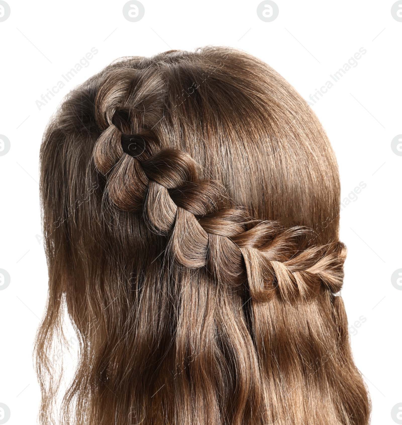 Photo of Little girl with braided hair on white background, back view