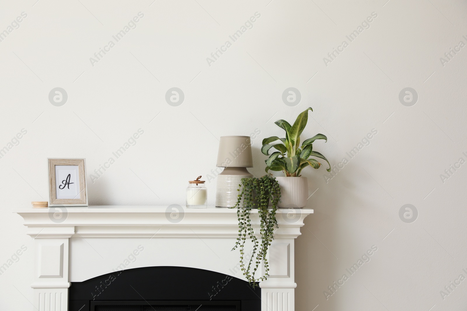 Photo of Stylish room with fireplace and floral decor