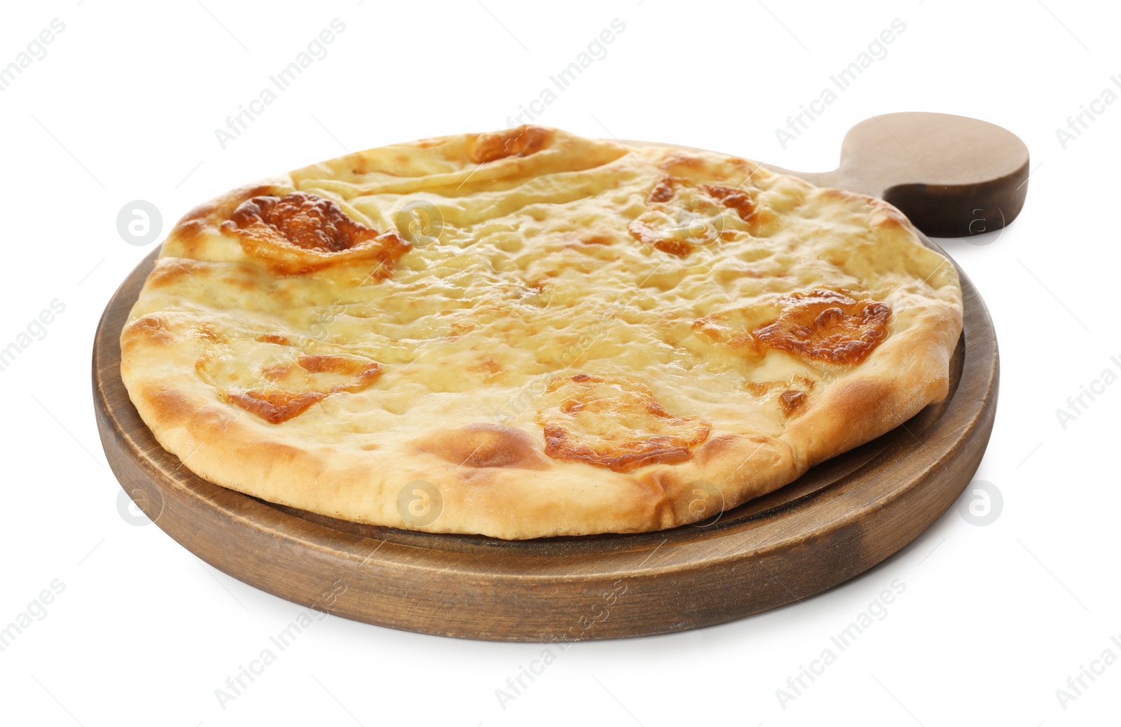 Photo of Delicious khachapuri with cheese on white background