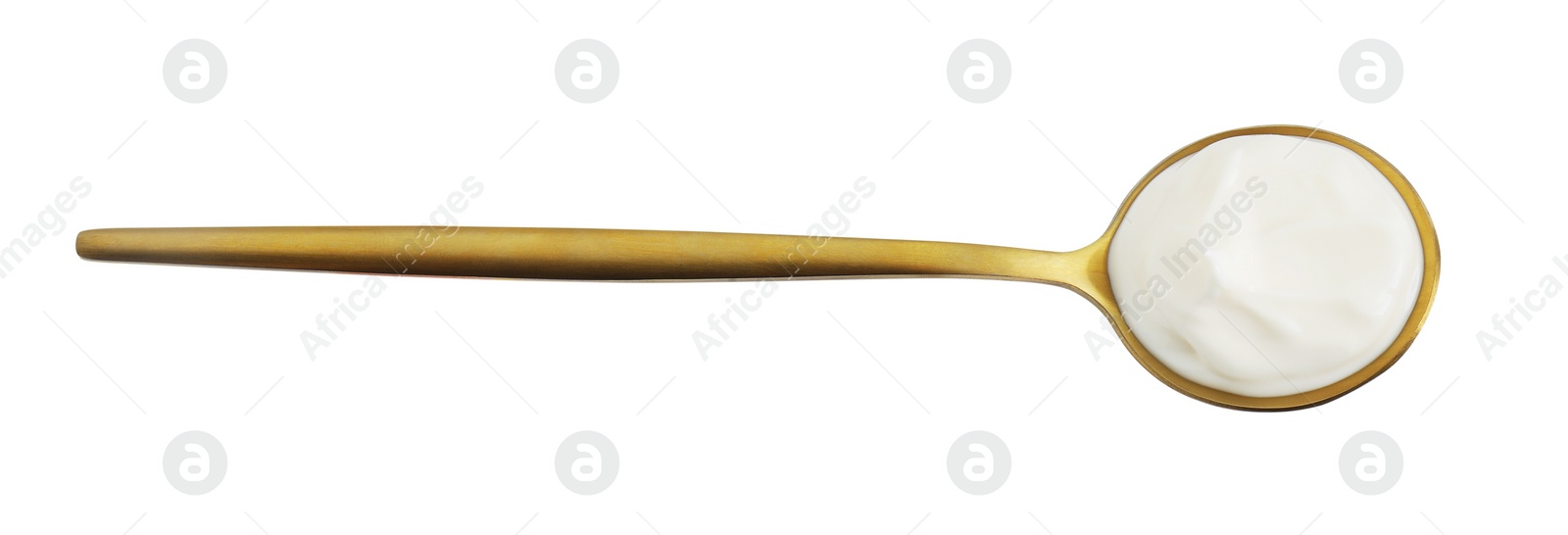 Photo of One golden spoon with mayonnaise isolated on white, top view