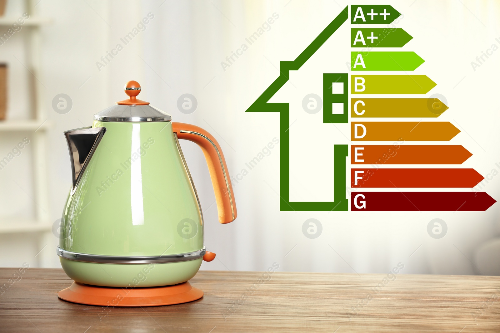 Image of Energy efficiency rating label and electric kettle indoors