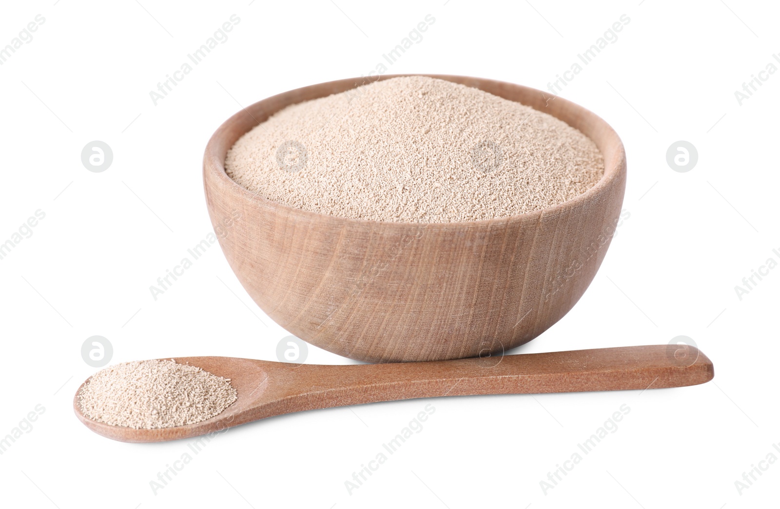Photo of Bowl and spoon with active dry yeast isolated on white