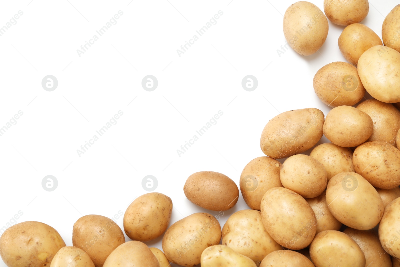 Photo of Raw fresh organic potatoes on white background, top view