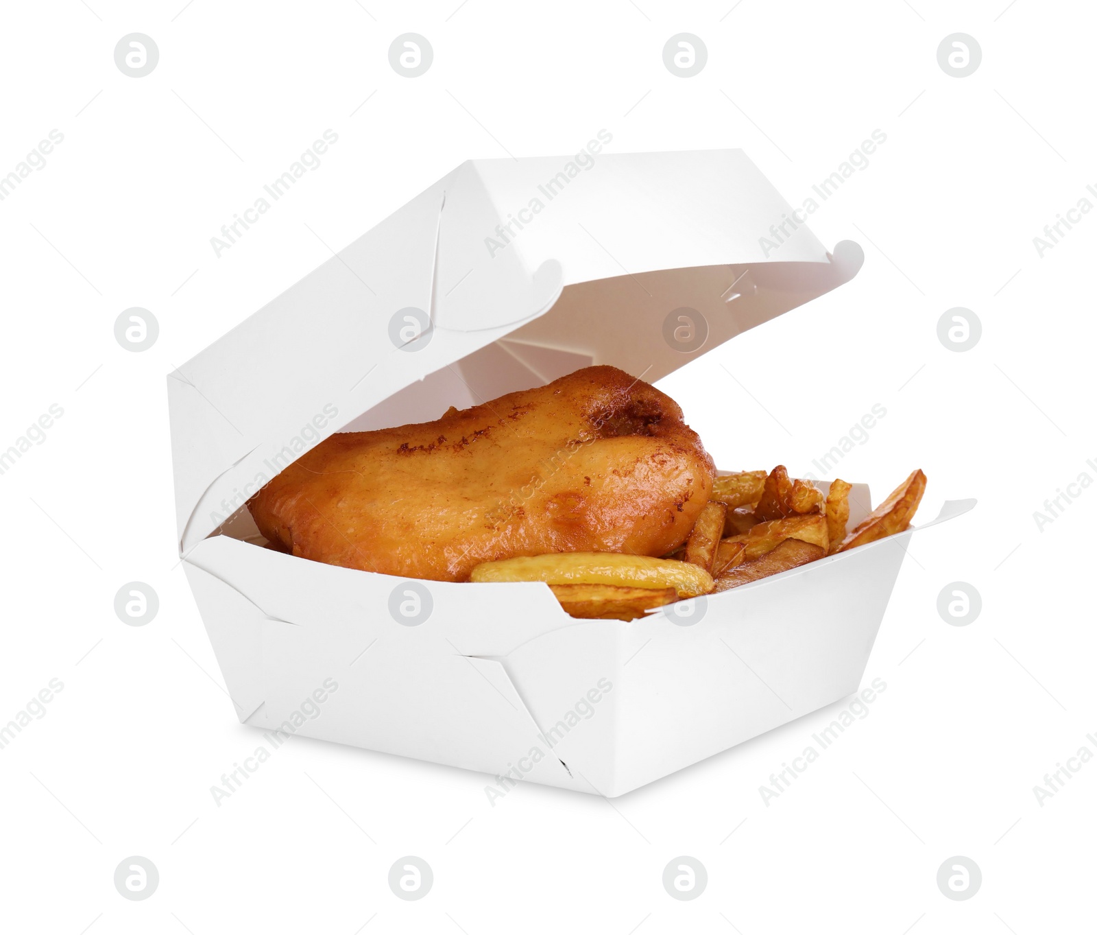 Photo of Tasty fish and chips in paper box isolated on white