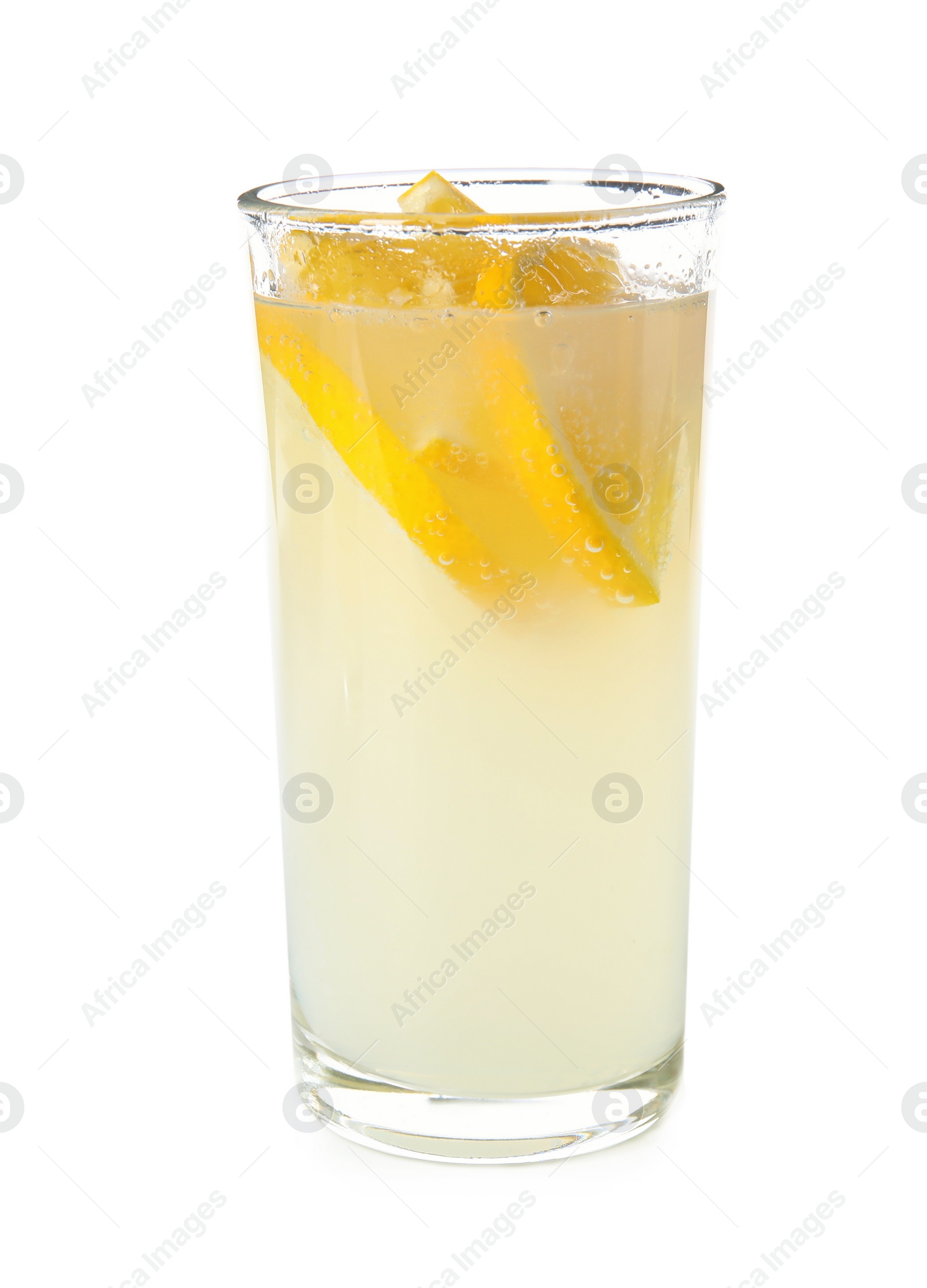 Photo of Refreshing lemonade in glass on white background