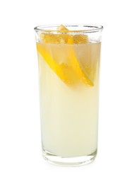 Refreshing lemonade in glass on white background