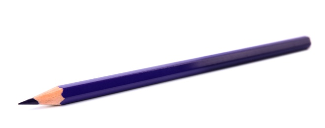 Photo of Purple wooden pencil on white background. School stationery
