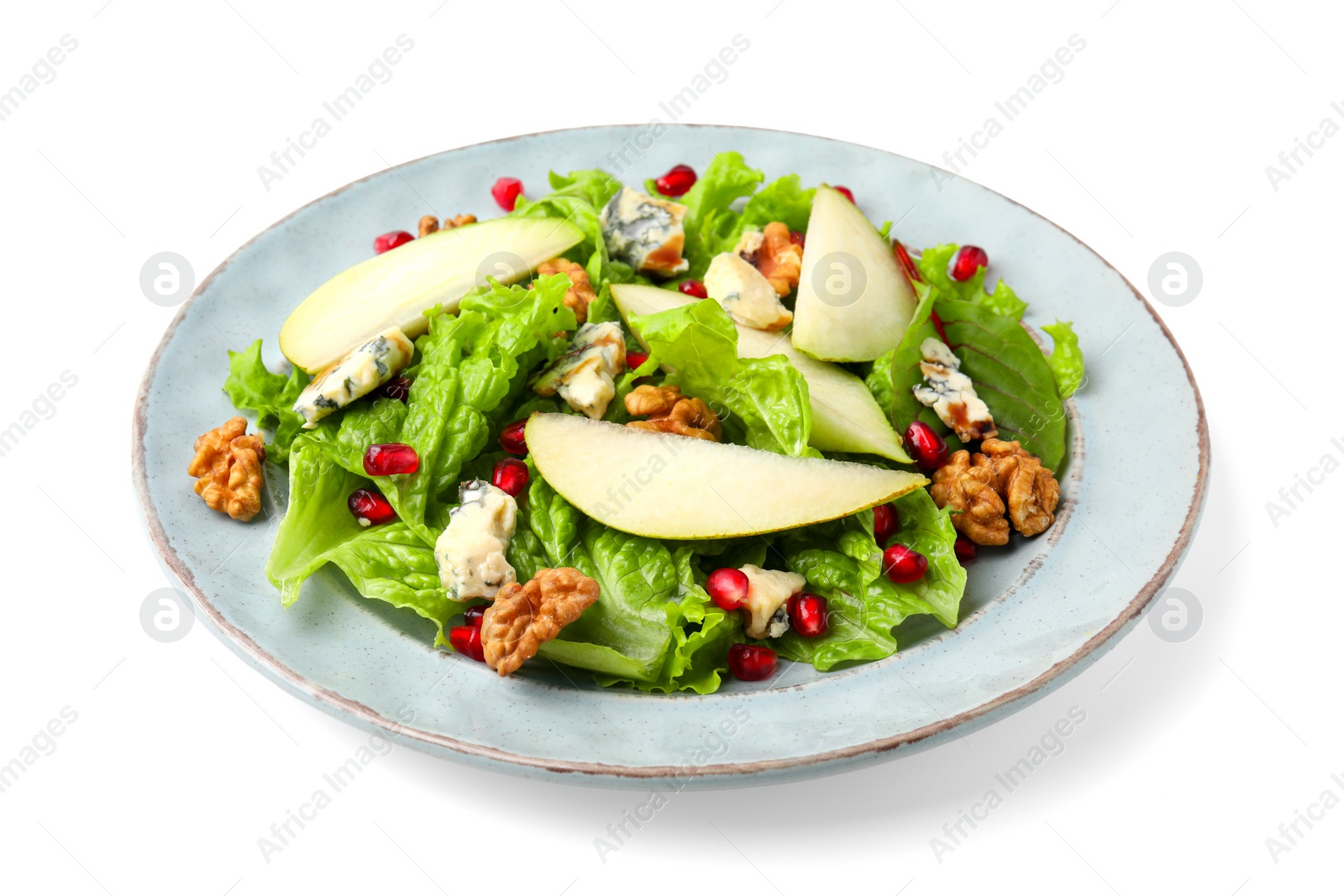 Photo of Delicious pear salad with lettuce, blue cheese, pomegranate and walnuts isolated on white