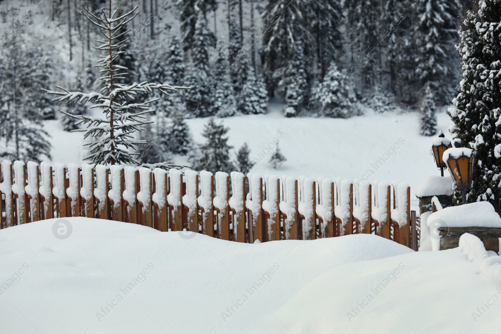 Photo of Wooden fence covered with snow outdoors on winter day