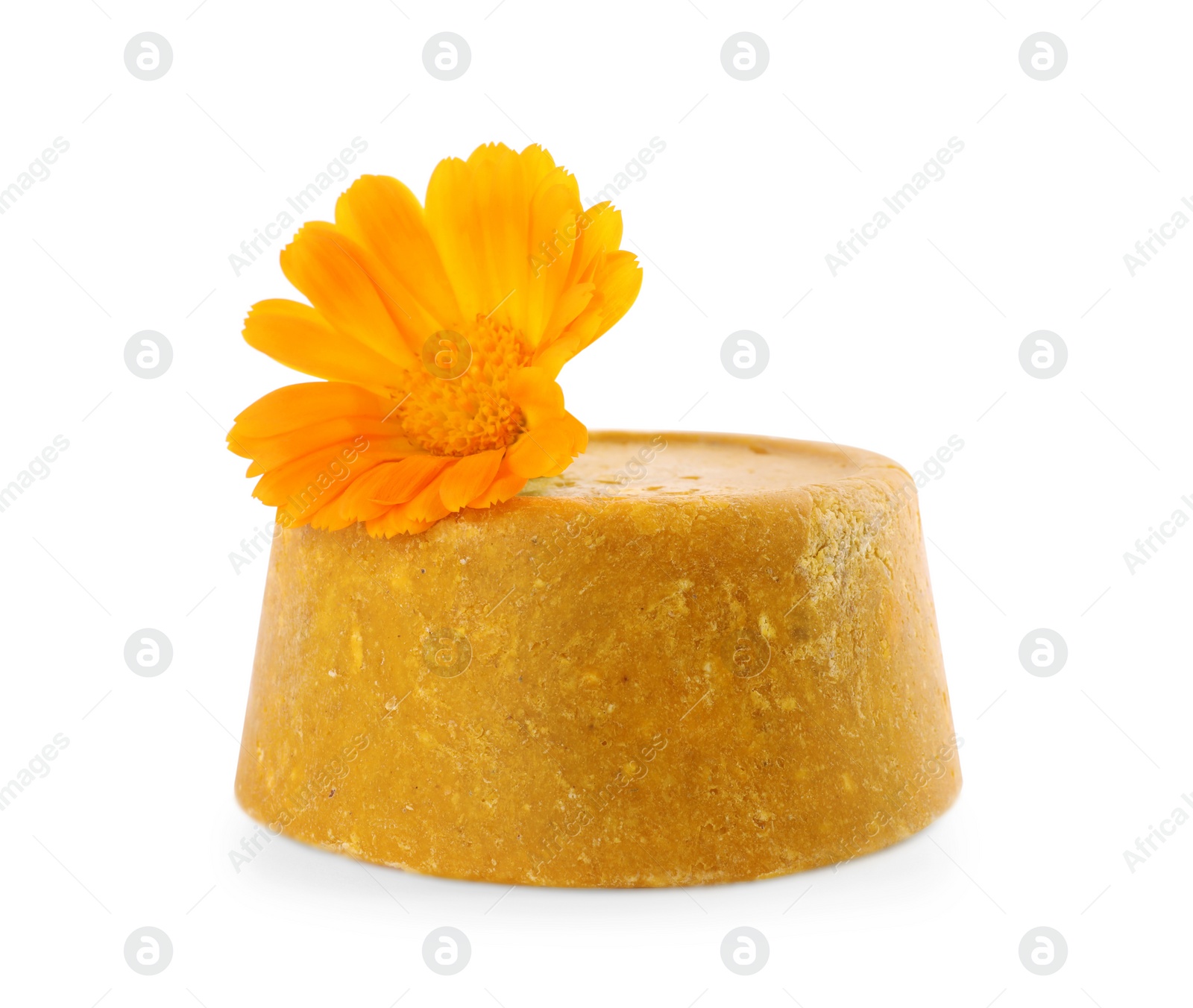 Photo of Yellow solid shampoo bar and flower isolated on white. Hair care