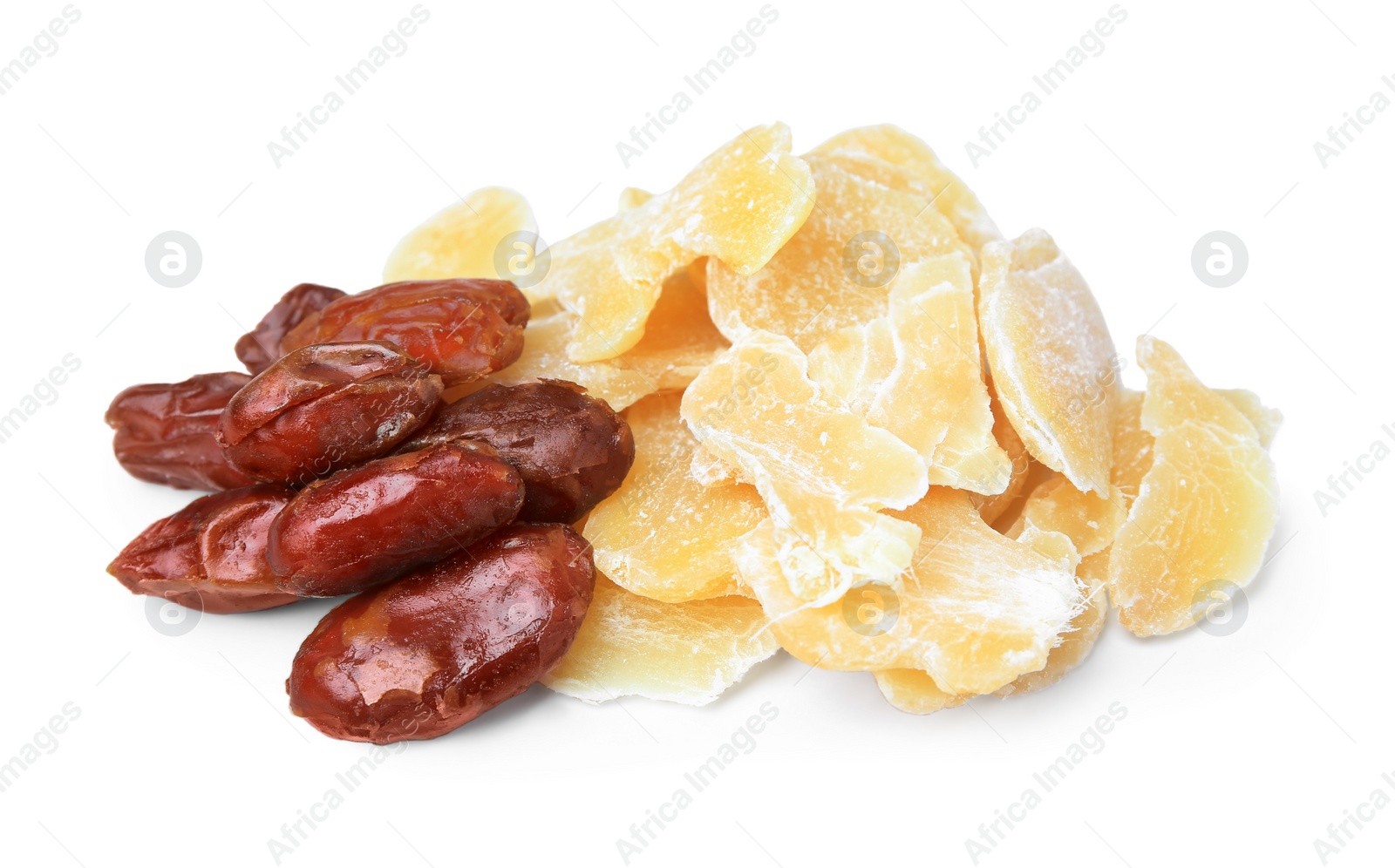 Photo of Pile of tasty dried pineapple and dates on white background. Healthy snack
