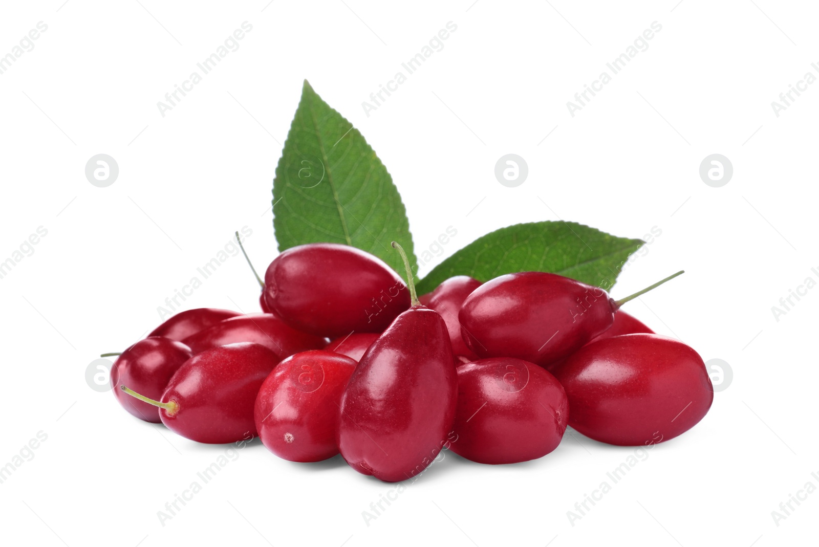 Photo of Pile of fresh ripe dogwood berries with green leaves on white background