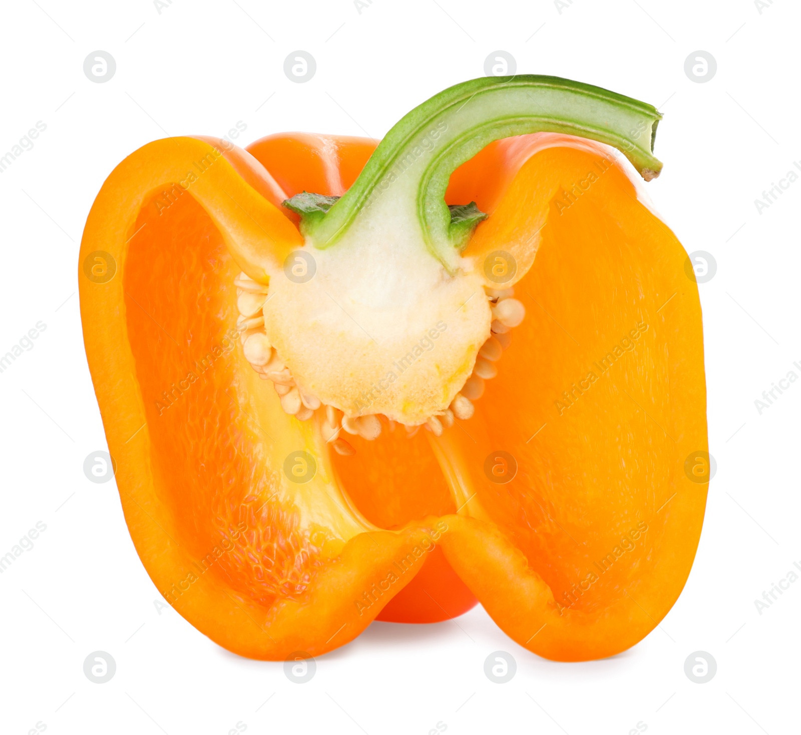 Photo of Cut orange bell pepper isolated on white