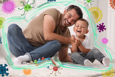 Illustration of Happy father playing with his son at home. Strong immunity protecting them against viruses
