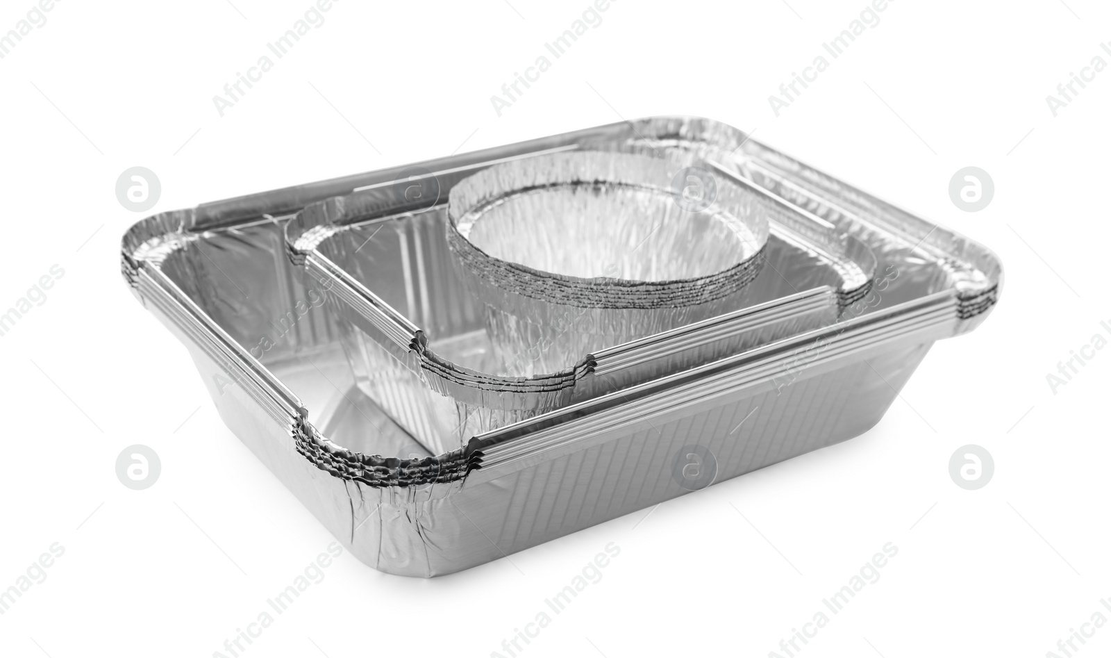 Photo of Many different aluminum foil containers isolated on white