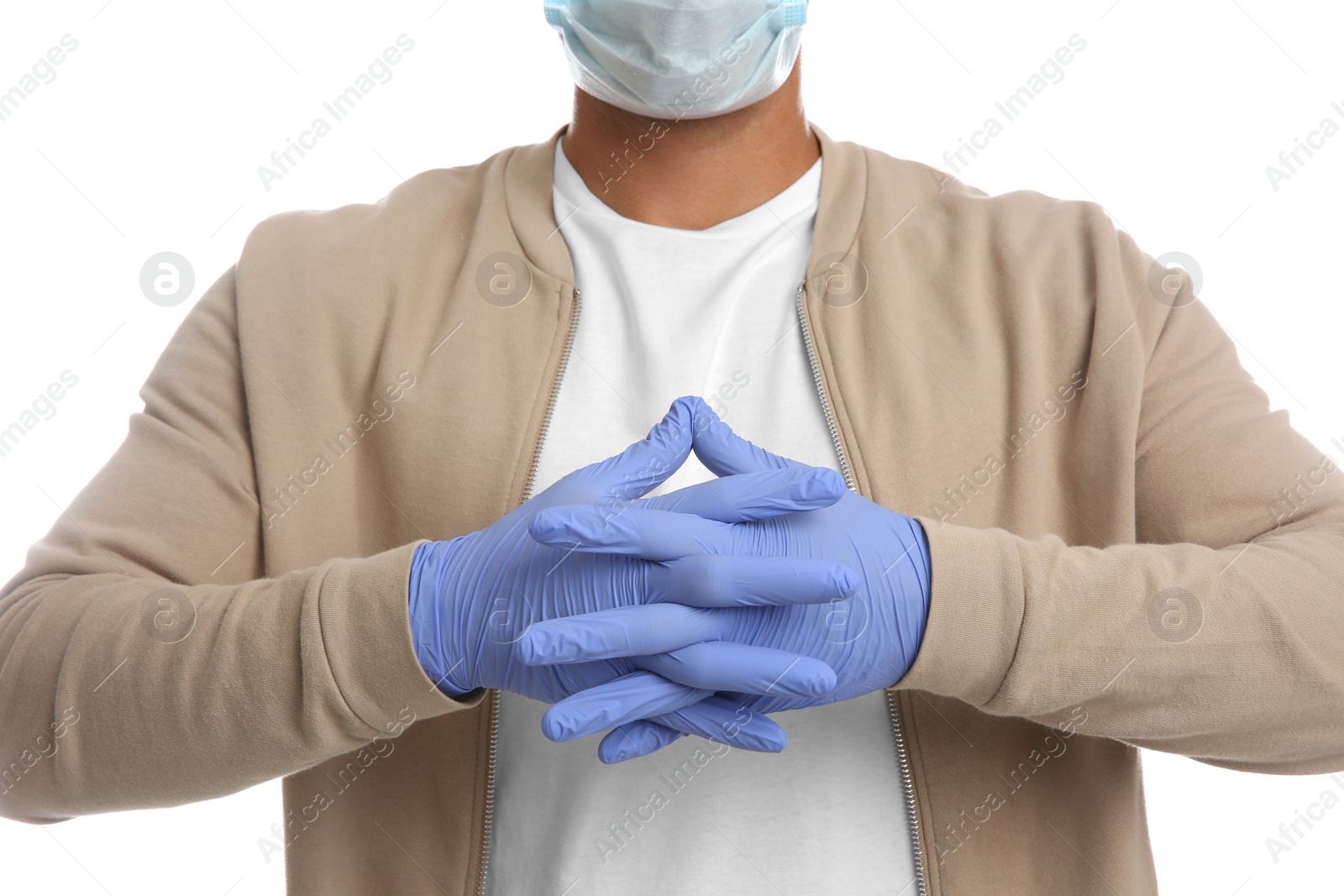 Photo of Man wearing protective face mask and medical gloves on white background, closeup