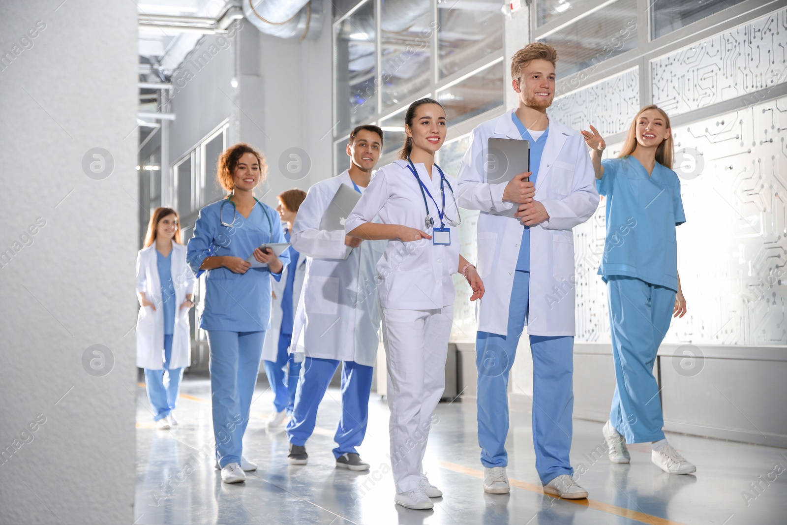 Photo of Group of medical students in college hallway