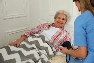 Photo of Young caregiver measuring blood pressure of senior woman in room. Home health care service