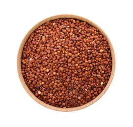 Photo of Bowl with red quinoa on white background, top view