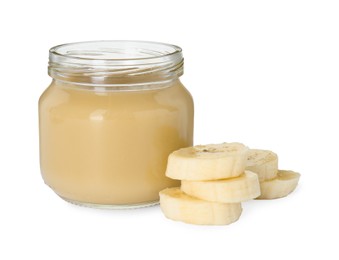 Photo of Tasty baby food in jar and fresh banana isolated on white