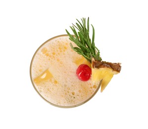 Glass of tasty pineapple cocktail with rosemary and cherry isolated on white, top view