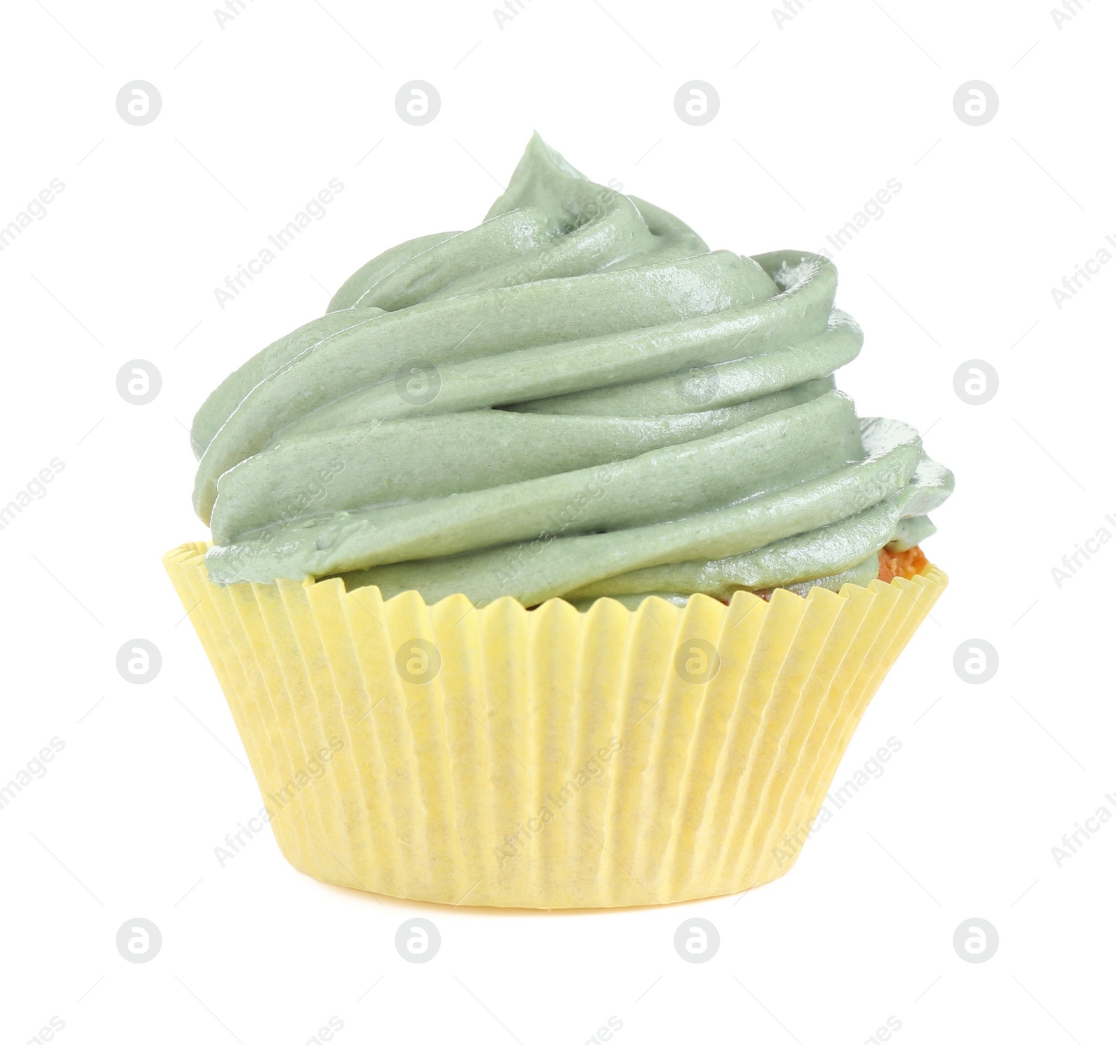 Photo of Delicious cupcake with green cream isolated on white