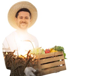 Image of Double exposure of farmer and wheat field on white background