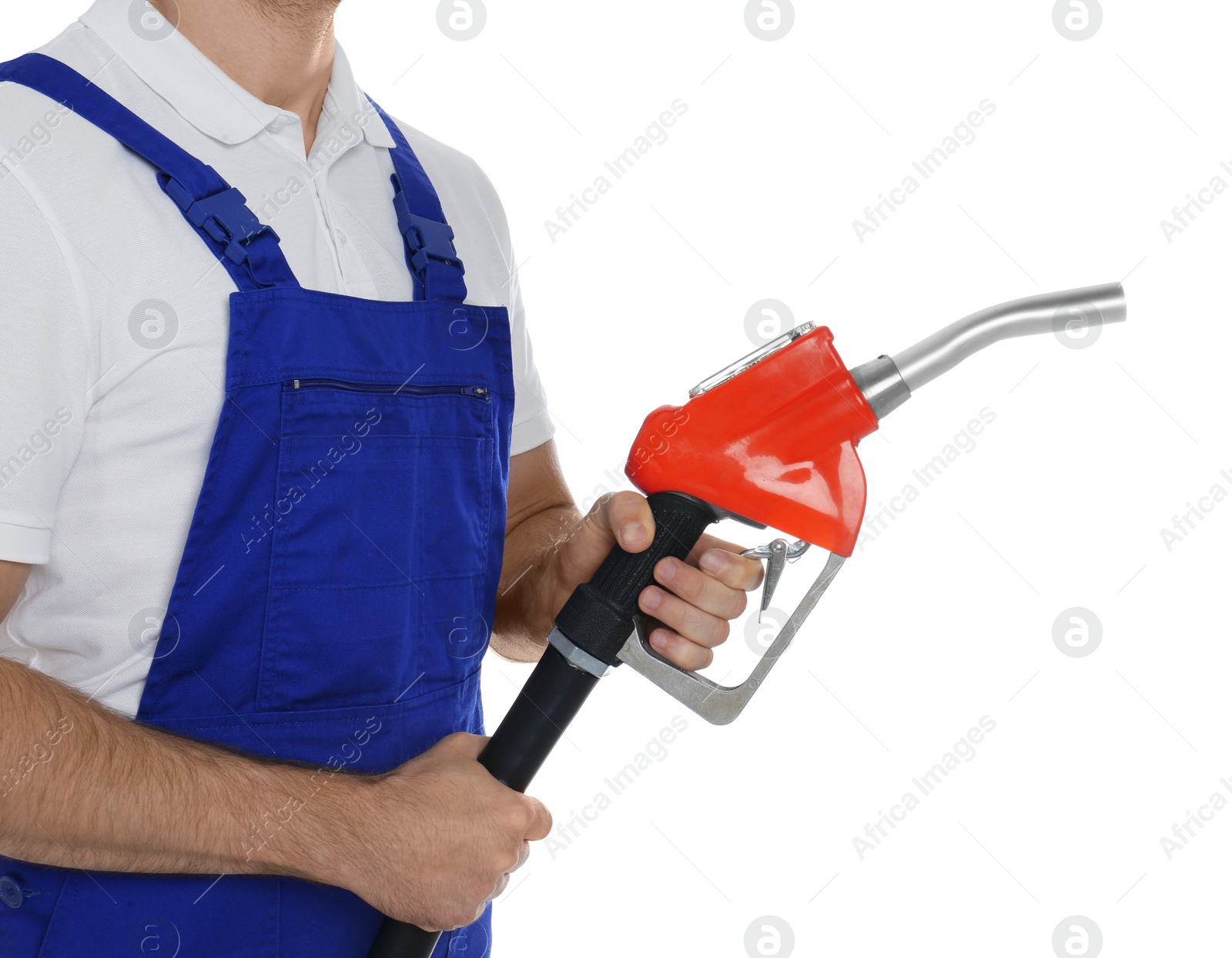 Photo of Gas station worker with fuel nozzle on white background, closeup