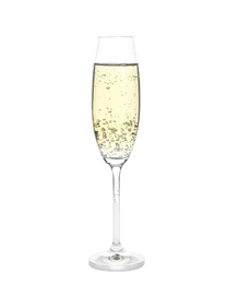 Photo of Glass of champagne on white background. Festive drink