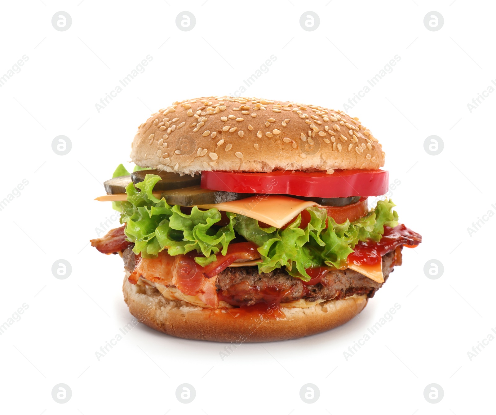 Photo of Tasty burger with bacon on white background