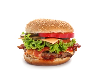 Tasty burger with bacon on white background