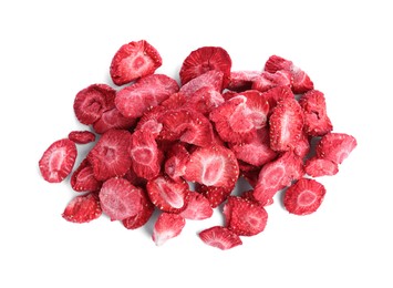 Photo of Pilefreeze dried strawberries on white background, top view