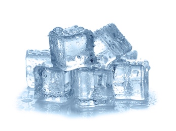 Photo of Pile of crystal clear ice cubes on white background