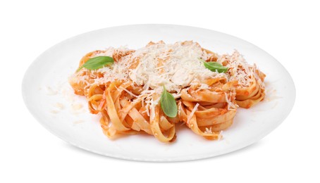 Delicious pasta with tomato sauce, chicken and parmesan cheese on white background
