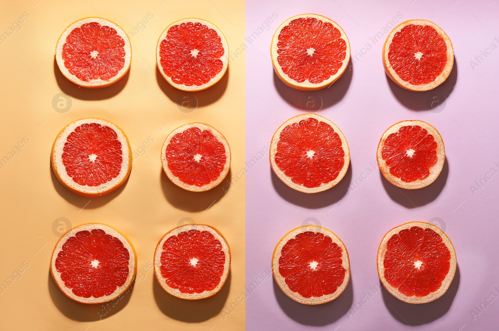 Photo of Flat lay composition with tasty ripe grapefruit slices on color background