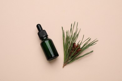 Glass bottle of essential oil and pine branch with cone on pink background, flat lay