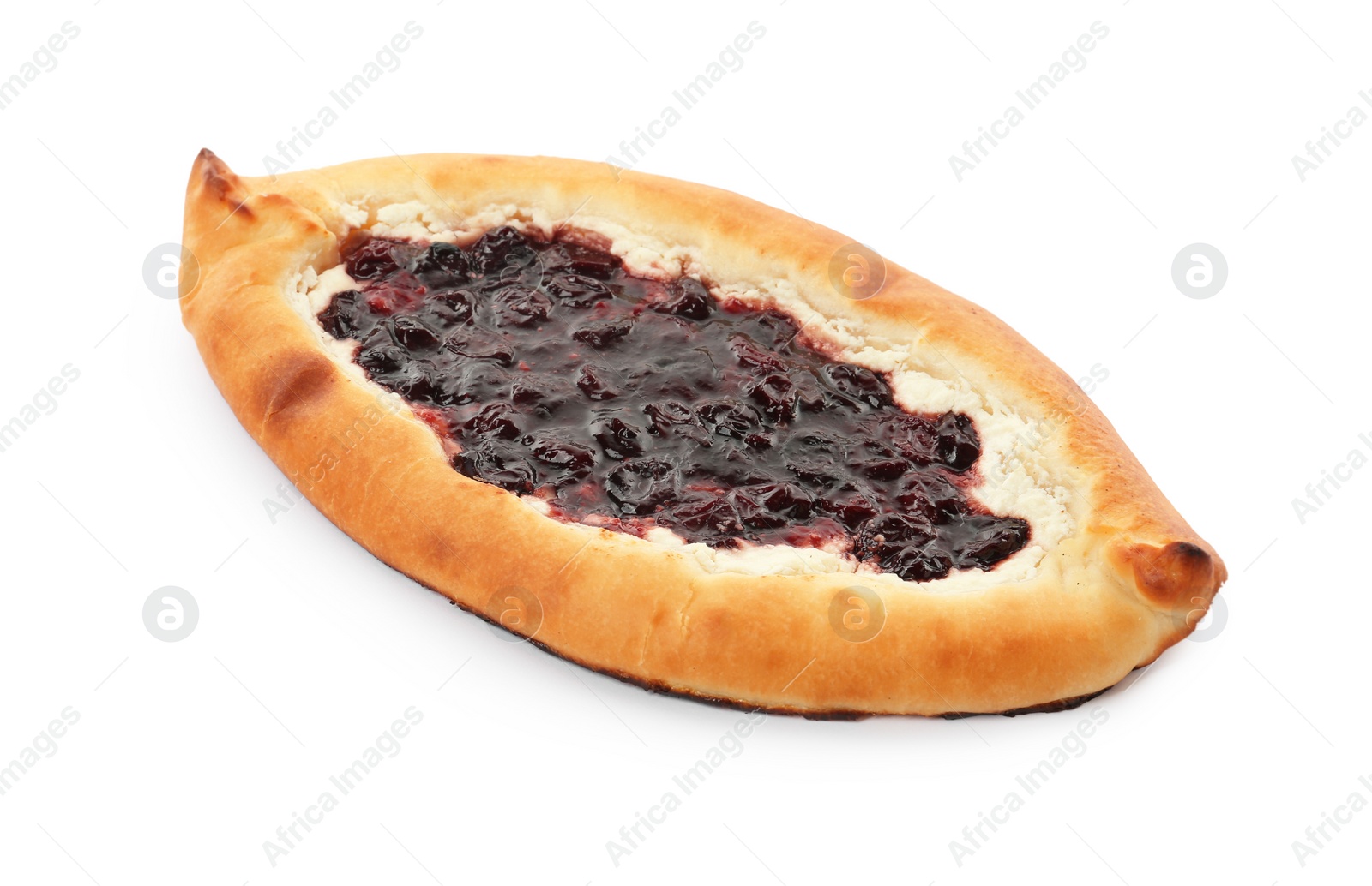 Photo of Delicious sweet cottage cheese pastry with cherry jam isolated on white