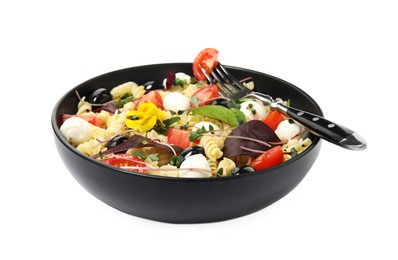 Photo of Bowl of delicious pasta with tomatoes, olives and mozzarella on white background