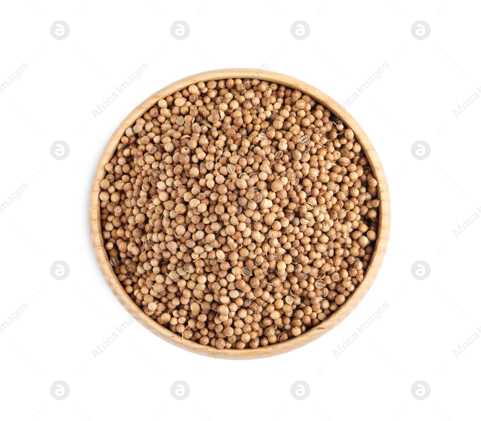 Photo of Dried coriander seeds in wooden bowl on white background, top view