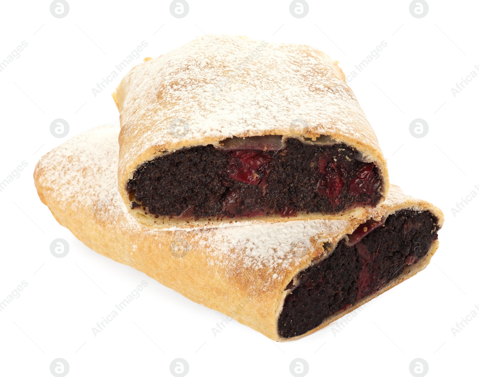 Photo of Delicious cut strudel with cherries and poppy seeds isolated on white